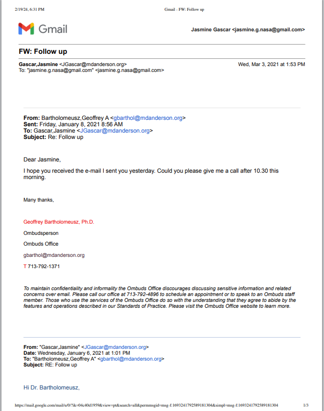 A white email with red and blue text